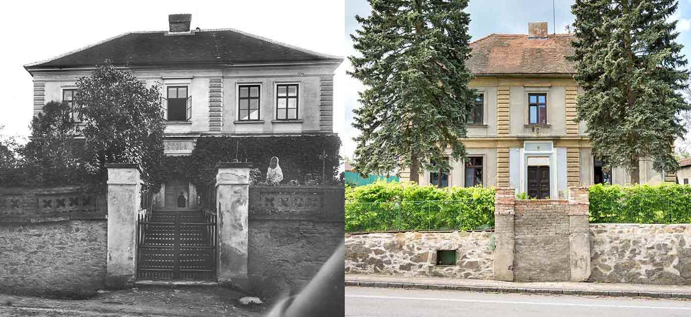 Stojice, obecná škola, postavena 1883 a dnešní pohled